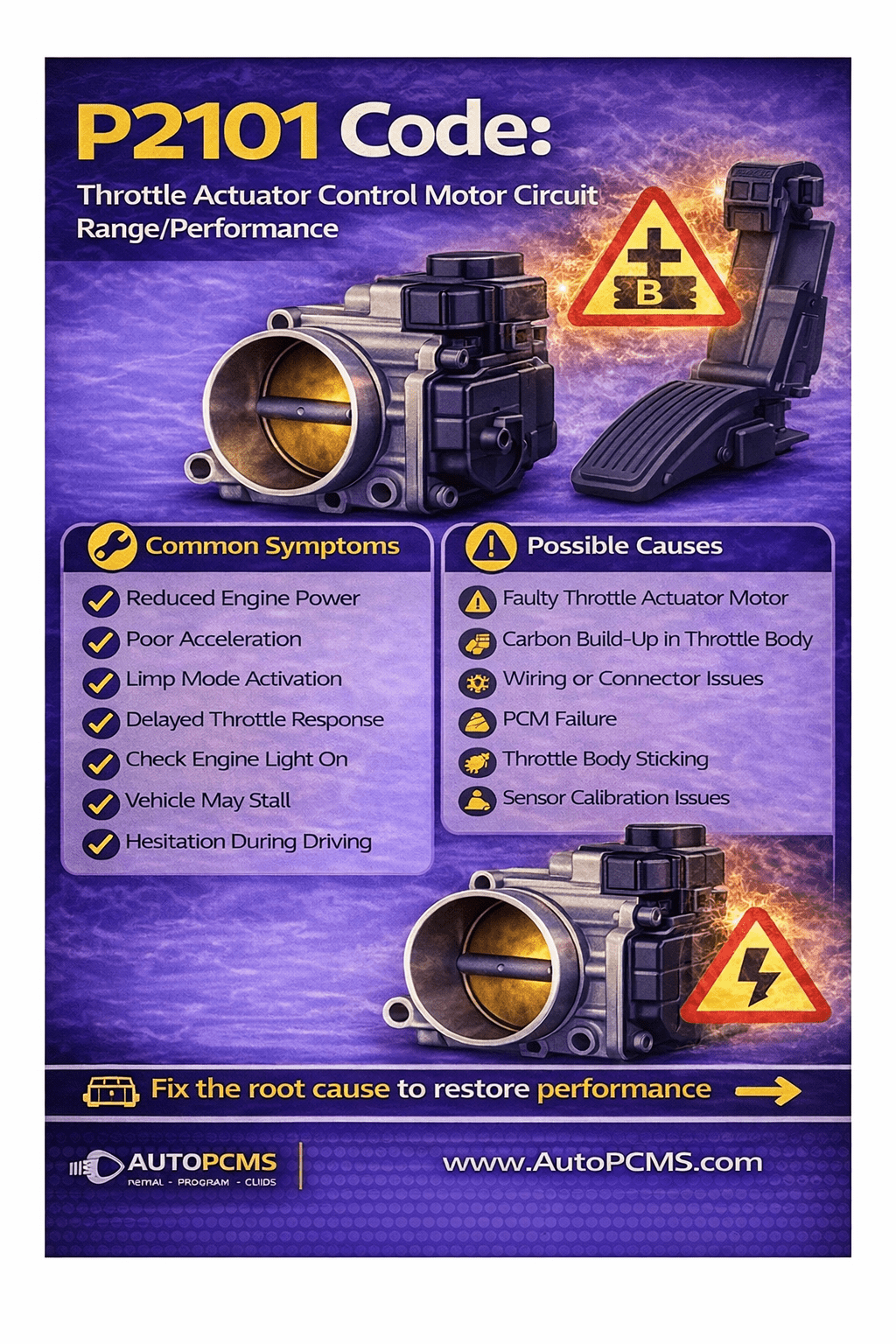 P2101 Code: Throttle Actuator Control Motor Circuit Range/Performance – Causes, Symptoms, and PCM Repair Options - Auto PCMS