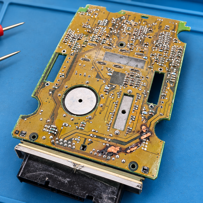Burned PCM circuit board undergoing diagnostic inspection at AutoPCMS