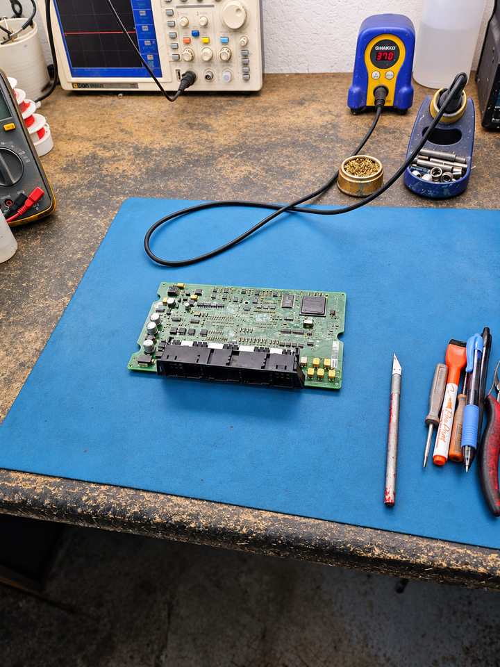 Automotive control module circuit board being inspected at AutoPCMS