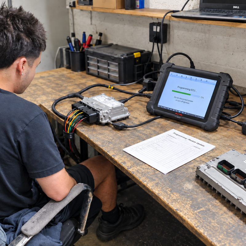AutoPCMS technician programming an automotive control module