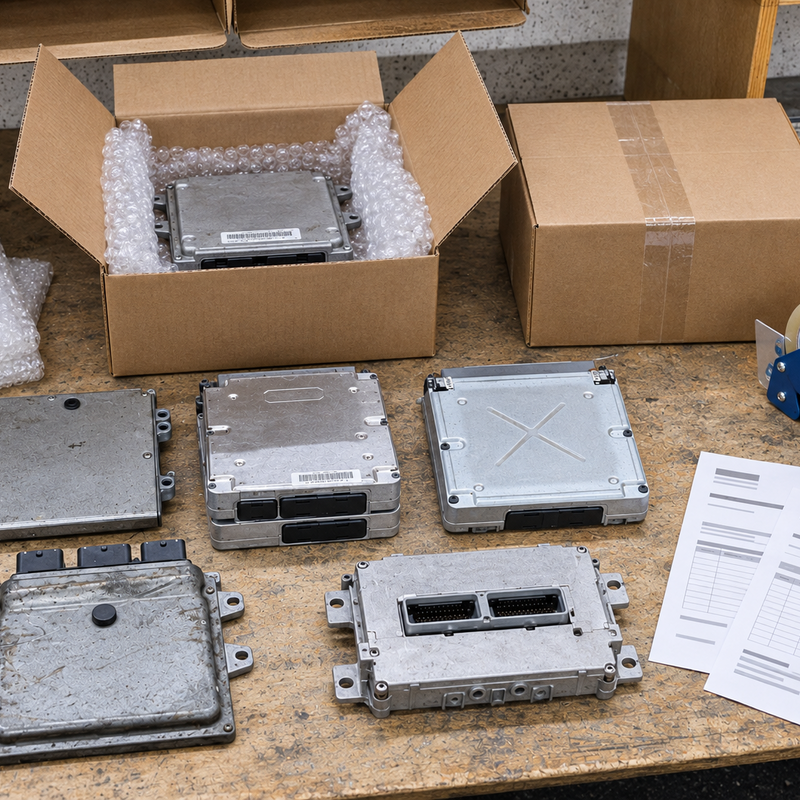 Automotive control modules prepared for return shipping at AutoPCMS