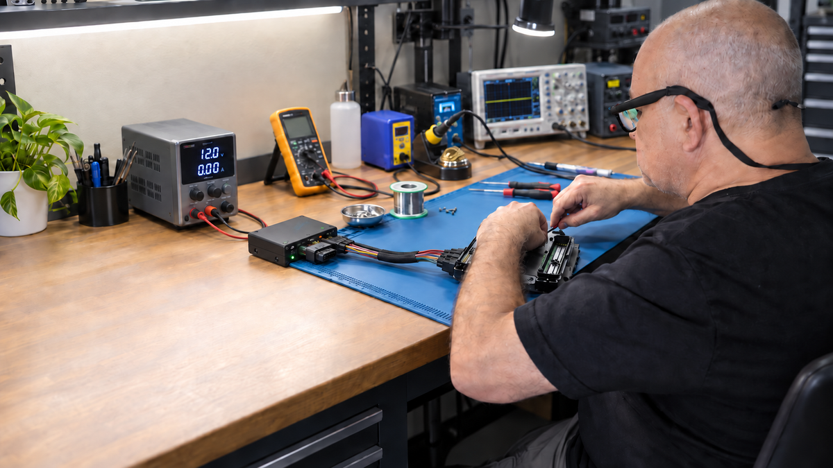 AutoPCMS technician repairing an automotive control module at a clean electronics workbench